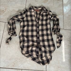 Plaid Button-Up Shirt with Tie Sleeves